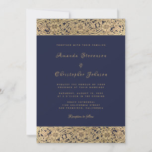Invitation Floral Gold Rose Marine Bleu Élégant mariage vinta