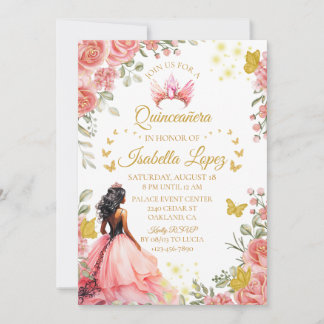 Invitation Floral Gold Rose Princesse Quinceanera Anniversair