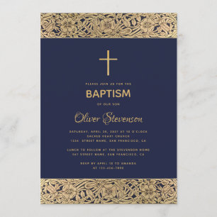 Invitation Floral Gold Rose sur Navy Blue Elegant Boy Baptism