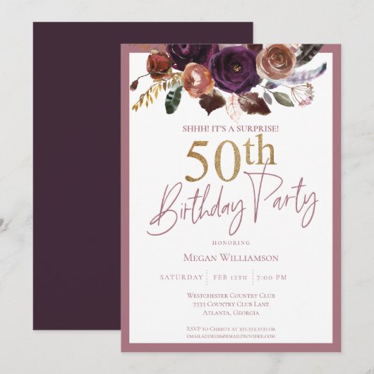 Invitation Floral Gold Rose Surprise 50e fête d'anniversaire (Devant / Derrière)