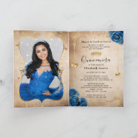 Floral Gold Royal Blue Quinceañera photo pliée