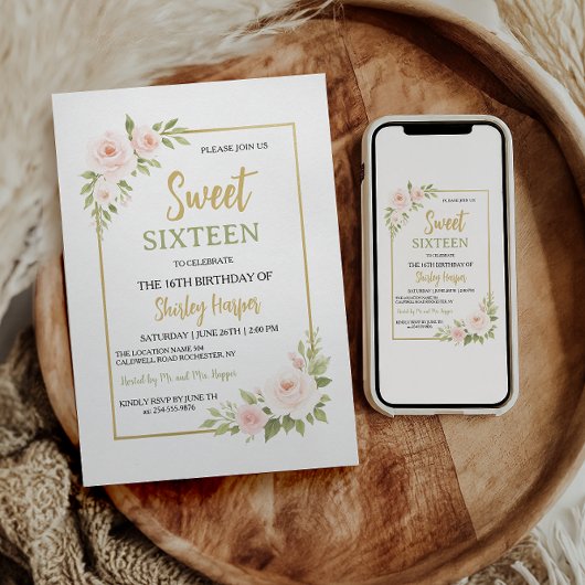 Invitation Floral Gold Script Sweet Sixteen Birthday 