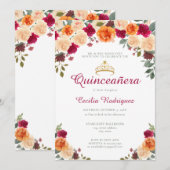 Invitation Floral Gold Tiara Quinceanera (Devant / Derrière)