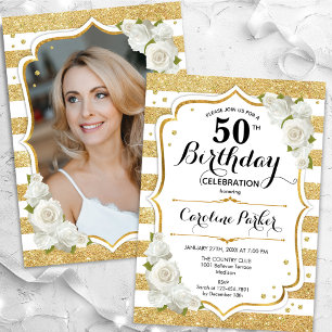 Invitation Floral Gold White Photo 50e anniversaire