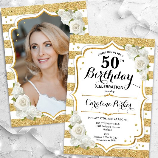 Invitation Floral Gold White Photo 50e anniversaire