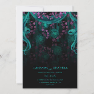 Invitation Floral gothique Mariage noir turquoise à la main