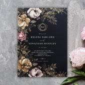Invitation Floral gothique noir Monogramme Mariage