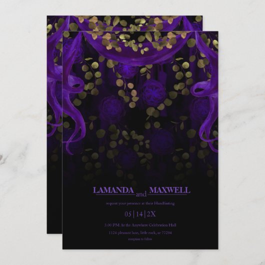 Invitation Floral gothique violet Mariage foncé (Devant / Derrière)