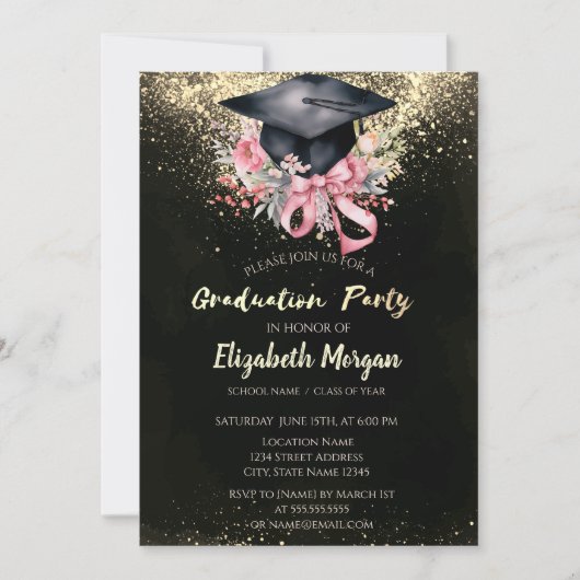 Invitation Floral Grad Cap, Bow Confetti Graduation Party (Devant)