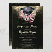 Invitation Floral Grad Cap, Bow Confetti Graduation Party (Devant / Derrière)