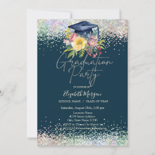 Invitation Floral Grad Casquette, Confetti Navy Blue Graduati