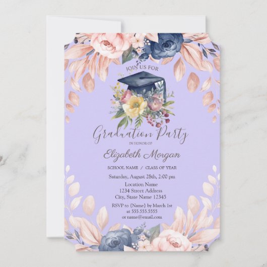 Invitation Floral Grad Casquette, Fleurs Clair Purple Graduat (Devant)