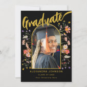 Invitation Floral Graduate Photo Black Gold Script Grad Party (Devant)