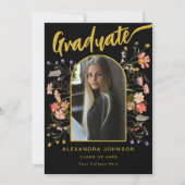 Invitation Floral Graduate Photo Gold Script Graduate Party (Devant)