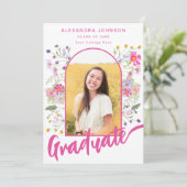 Invitation Floral Graduate Photo Pink Script Graduate Party (Debout devant)