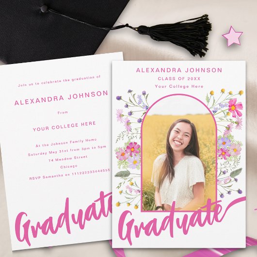 Invitation Floral Graduate Photo Pink Script Graduate Party