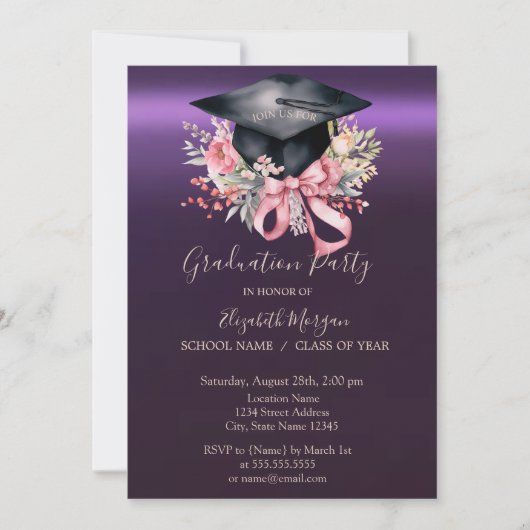 Invitation Floral Graduation Cap,Bow Purple Graduation (Devant)