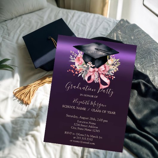 Invitation Floral Graduation Cap,Bow Purple Graduation 