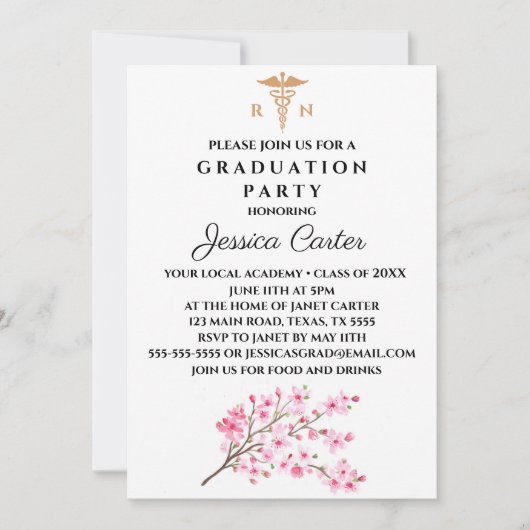 Invitation Floral Graduation Infirmière Typographie Cherry Bl (Devant)