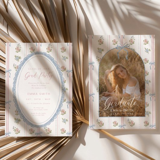 Invitation Floral Graduation Photo Announcement Card Blue Bow
