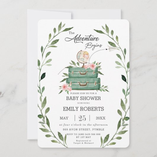 Invitation Floral Green Adventure Baby shower Voyage (Devant)
