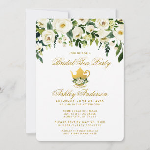 Invitation Floral Green Gold Bridal Tea Party