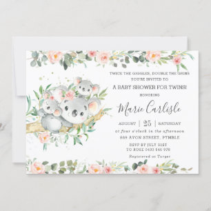 Invitation Floral Green Koala Twins Boy Girl Baby shower