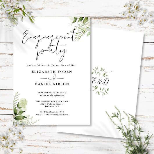 Invitation Floral Green Party Black and White