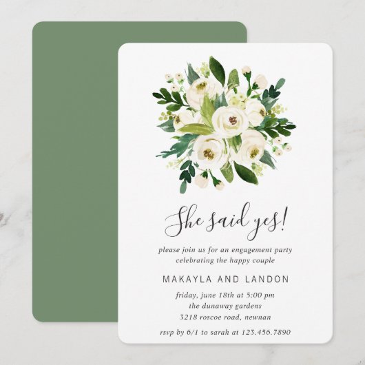 Invitation Floral Green Roses blanches Partie d'engagement (Devant / Derrière)