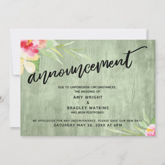 Invitation Floral Green Wood "Faire-part" Reporté Mariage (Devant)