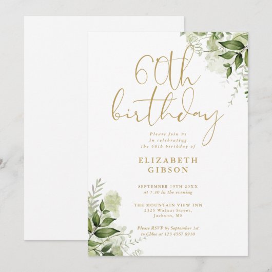 Invitation Floral Greenery 60e fête d'anniversaire (Devant / Derrière)
