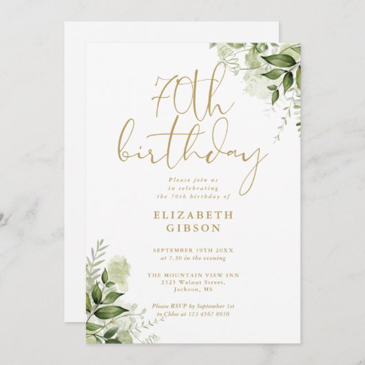 Invitation Floral Greenery 70e fête d'anniversaire (Devant / Derrière)