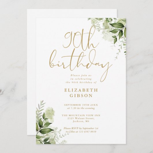 Invitation Floral Greenery 90e fête d'anniversaire (Devant / Derrière)