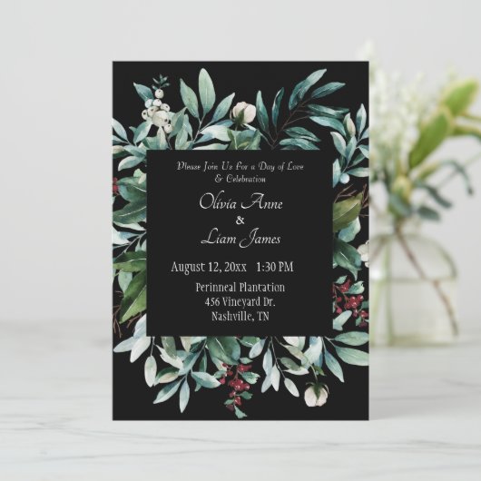 Invitation Floral Greenery Élégant Chic Script Nom Mariage (Debout devant)