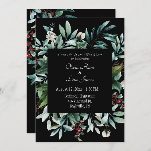 Invitation Floral Greenery Élégant Chic Script Nom Mariage (Devant / Derrière)