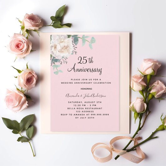 Invitation Floral greenery pink 25th wedding anniversary