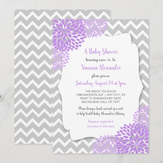 Invitation floral gris de baby shower de lavande à (Devant / Derrière)