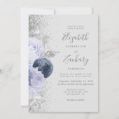 Invitation Floral Gris Marine Bleu Lilac Argent Mariage (Devant)