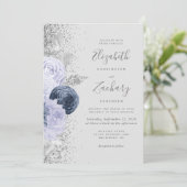 Invitation Floral Gris Marine Bleu Lilac Argent Mariage (Debout devant)