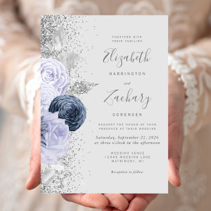 Invitation Floral Gris Marine Bleu Lilac Argent Mariage
