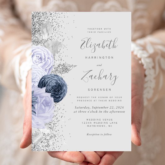 Invitation Floral Gris Marine Bleu Lilac Argent Mariage