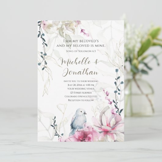 Invitation Floral gris rose avec Mariage de la Bible chrétien (Debout devant)