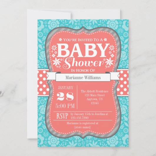 Invitation floral gris turquoise de corail de baby (Devant)