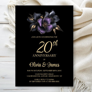 Invitation Floral gris violet noir 20e anniversaire