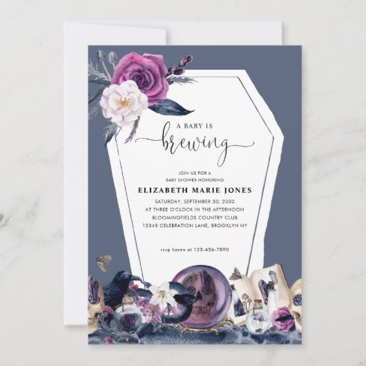 Invitation Floral Halloween Coffin Baby brasse douche (Devant)
