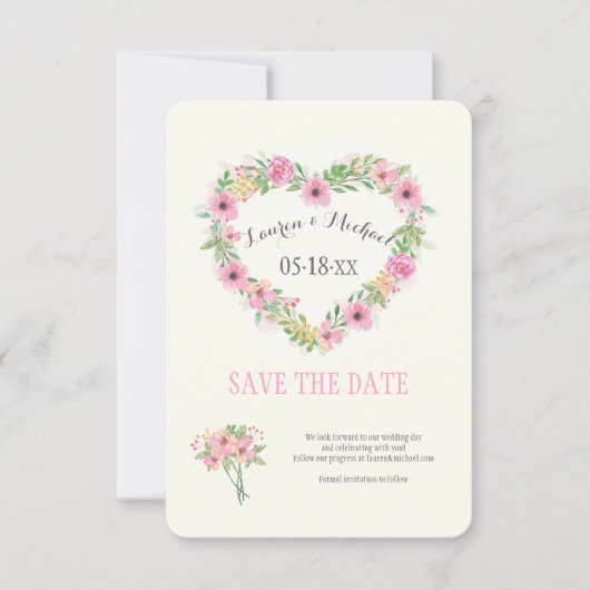 Invitation Floral Heart Sauve La Date Annonce (Devant)