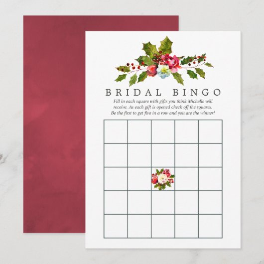 Invitation Floral Holly Fête des mariées de Noël Bingo (Devant / Derrière)