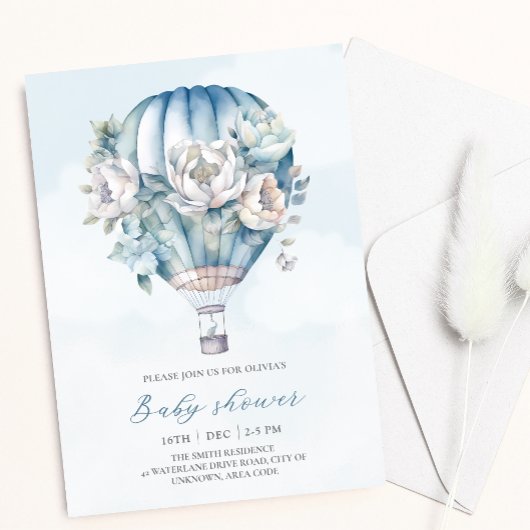 Invitation Floral Hot Air Balloon Blue Boy Baby shower