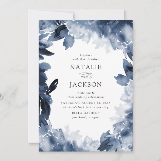 Invitation Floral Indigo Abstrait | Mariage (Devant)