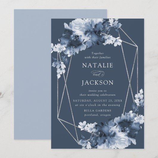 Invitation Floral Indigo Abstrait | Mariage de cadre géométri (Devant / Derrière)